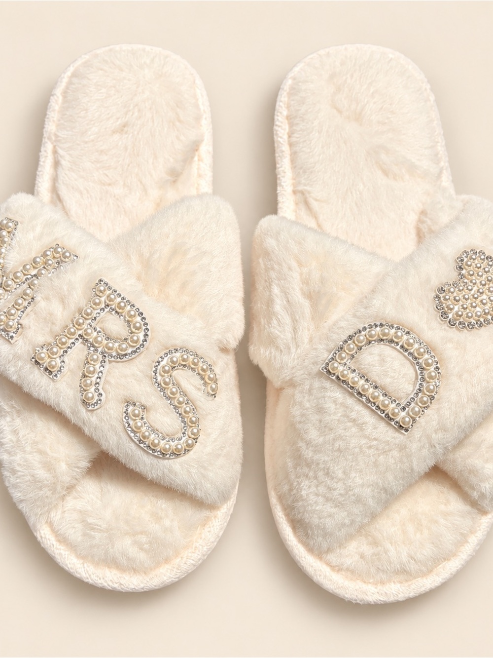 Women’s Plush Crisscross Slide Slippers with Pearl Lettering - Cream